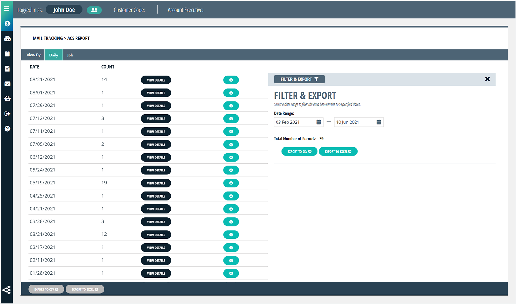 ACS daily view with Filter and Export date range