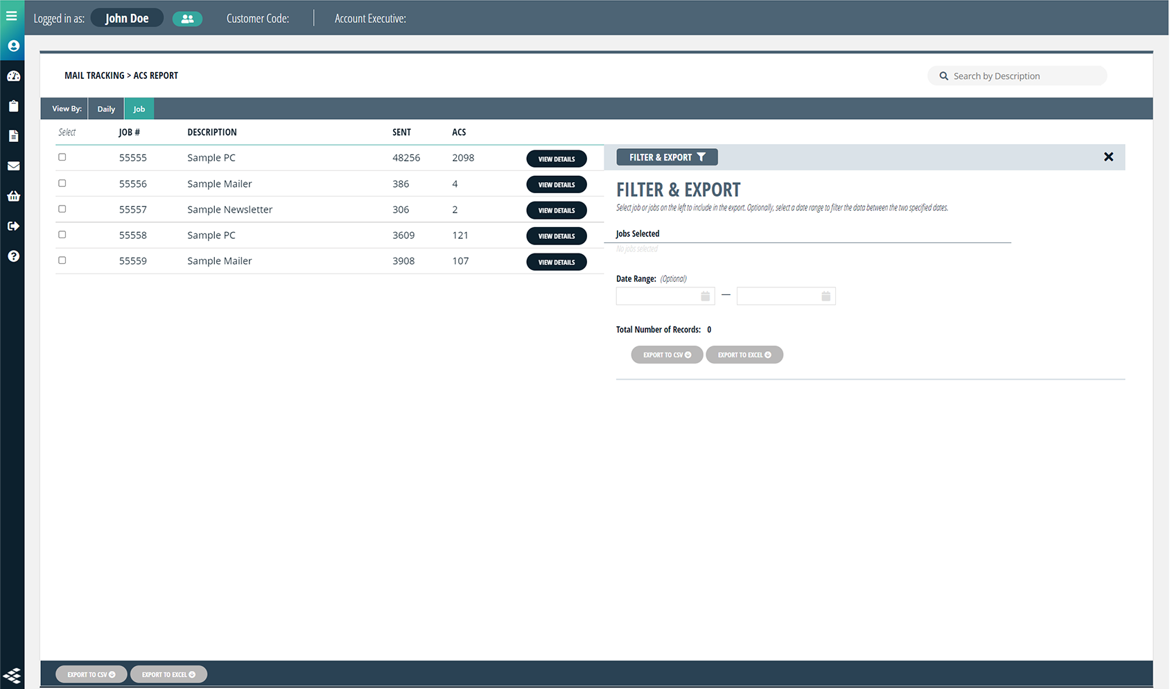 ACS jobs view with Filter and Export