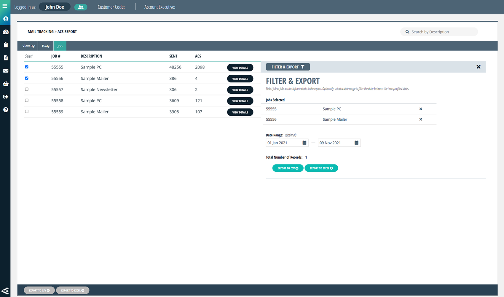 ACS jobs view with Filter and Export options